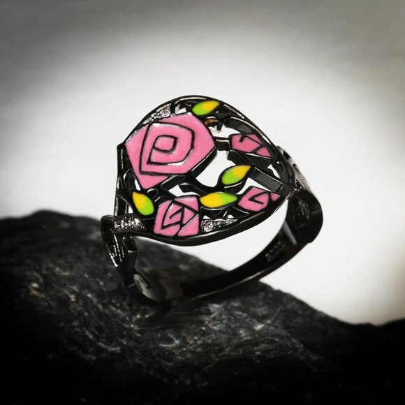 Ring jewelry rose flower pink black Beauty and the Beast 925 silver new - Picture 3 of 5